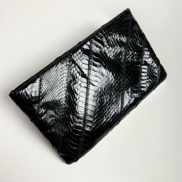 Vintage 80s Ronay Black Leather & Real Snake Skin Clutch Handbag Purse - Picture 8 of 8